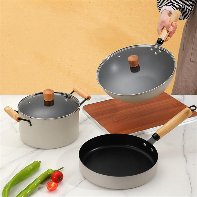 Conjunto Completo de 3 Ollas en Acero Inox Antideslizante con Mango de Madera +REGALO: Kit de Utensilios de Cocina
