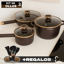 Conjunto Completo de 3 Ollas en Acero Inox Antideslizante con Mango de Madera +REGALO: Kit de Utensilios de Cocina