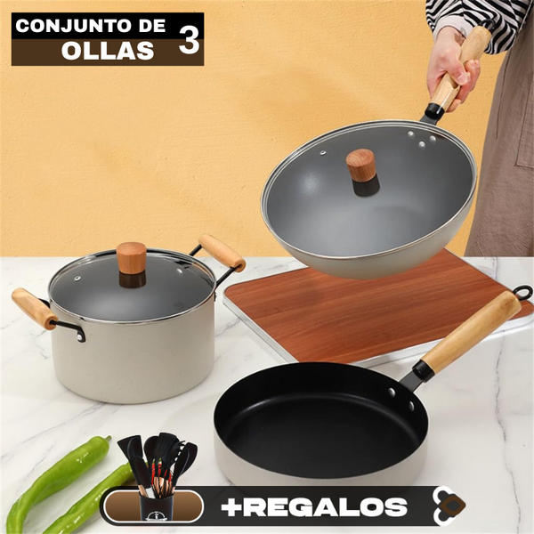 Conjunto Completo de 3 Ollas en Acero Inox Antideslizante con Mango de Madera +REGALO: Kit de Utensilios de Cocina